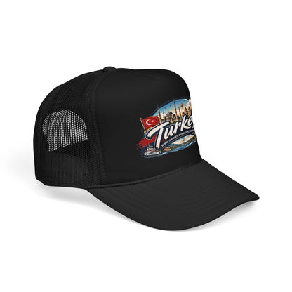 Black trucker cap with mesh side panels and front Turkey graphic patch