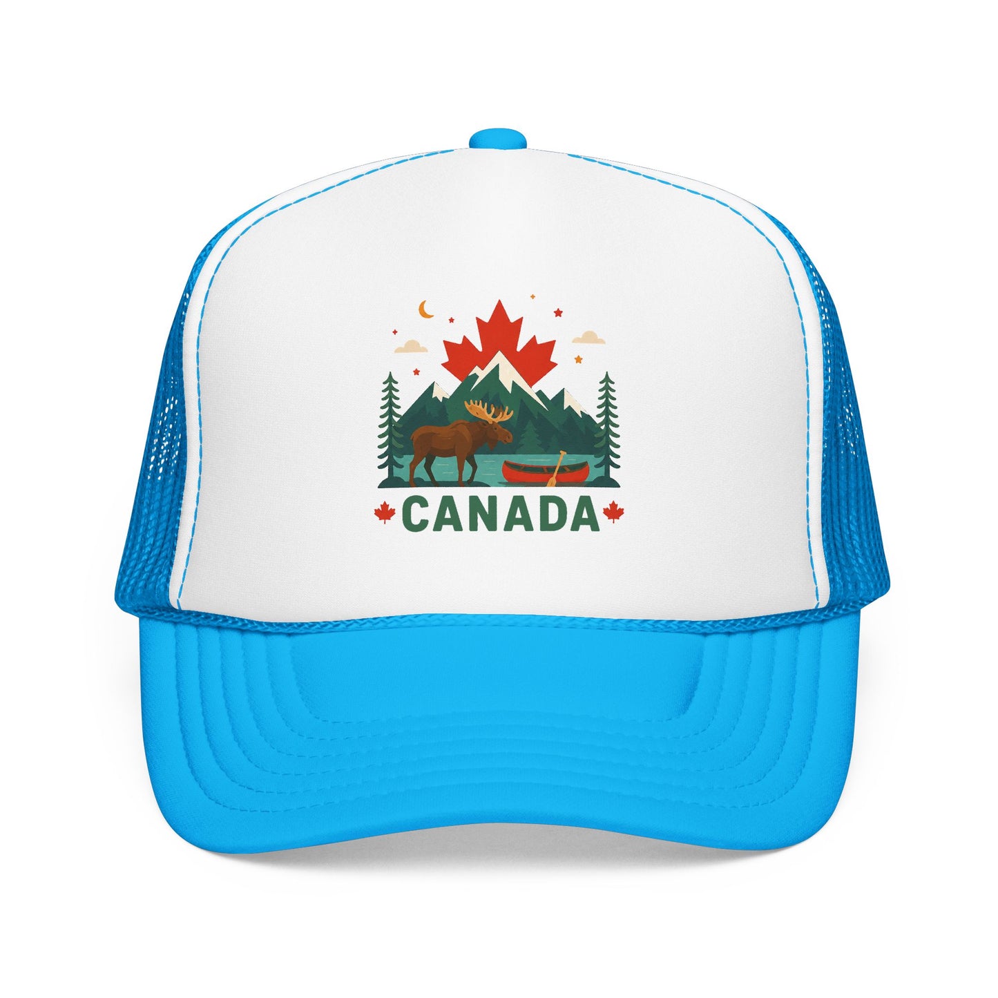 White/bright blue Canada moose trucker hat with 'CANADA' front graphic and mesh back