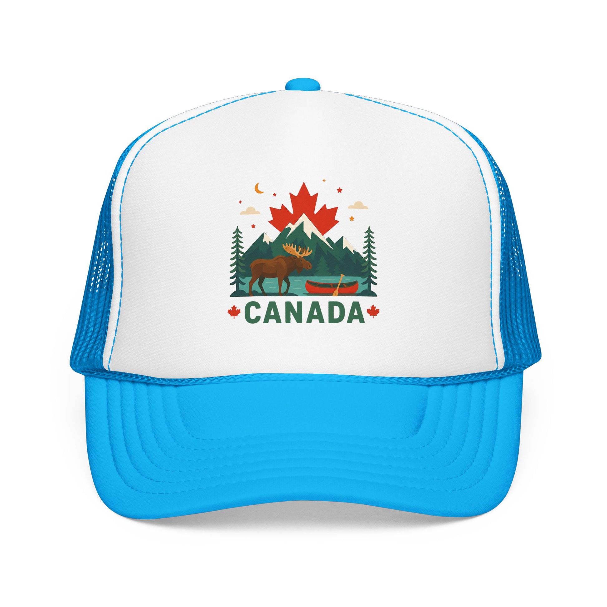 White/bright blue Canada moose trucker hat with 'CANADA' front graphic and mesh back