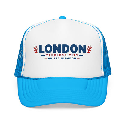 Two-tone foam trucker hat with London logo, white crown and light blue mesh sides, blue bill.