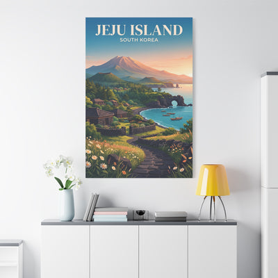 Matte canvas wall art, vertical seascape with boats and JEJU ISLAND title
