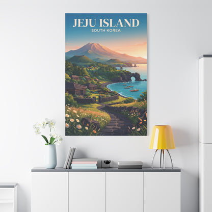 Matte canvas wall art, vertical seascape with boats and JEJU ISLAND title