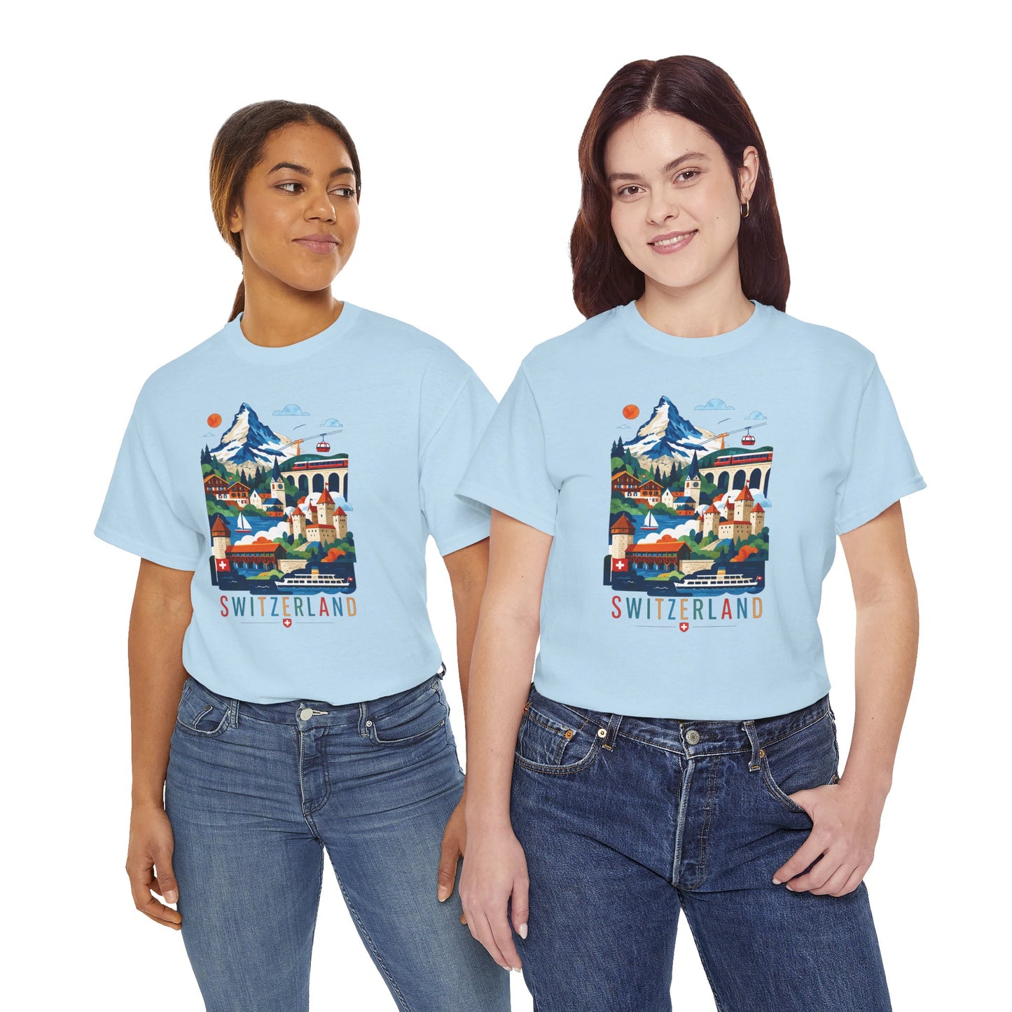 Light blue crew-neck T-shirt with colorful Switzerland village graphic on front