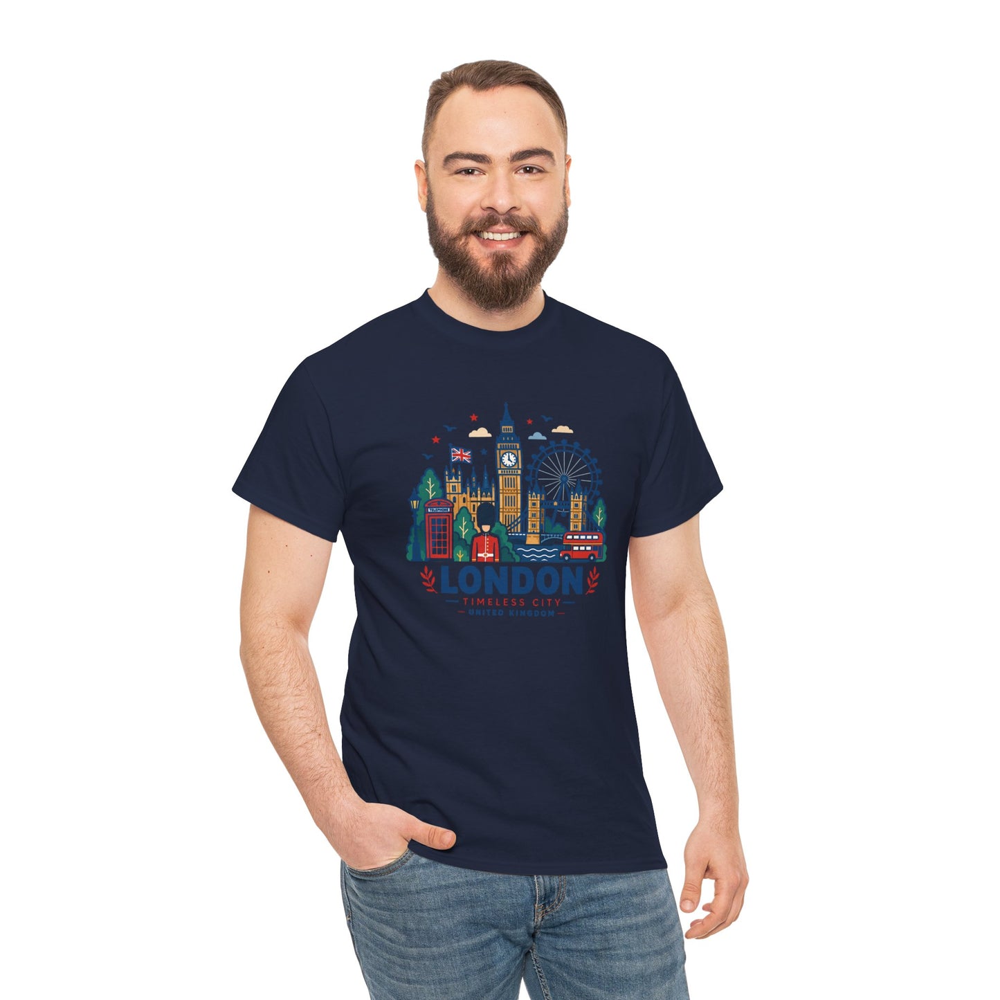 Navy London skyline graphic T-shirt with chest print, crew neck, short sleeves.