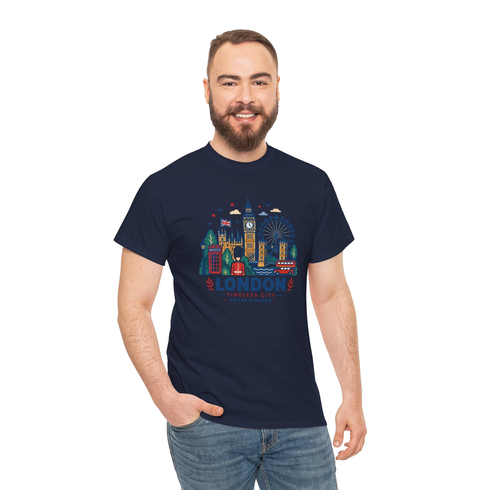 Navy London skyline graphic T-shirt with chest print, crew neck, short sleeves.