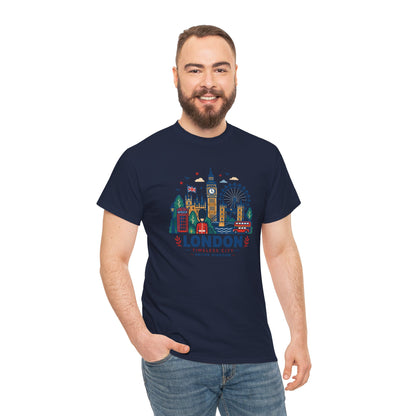Navy London skyline graphic T-shirt with chest print, crew neck, short sleeves.