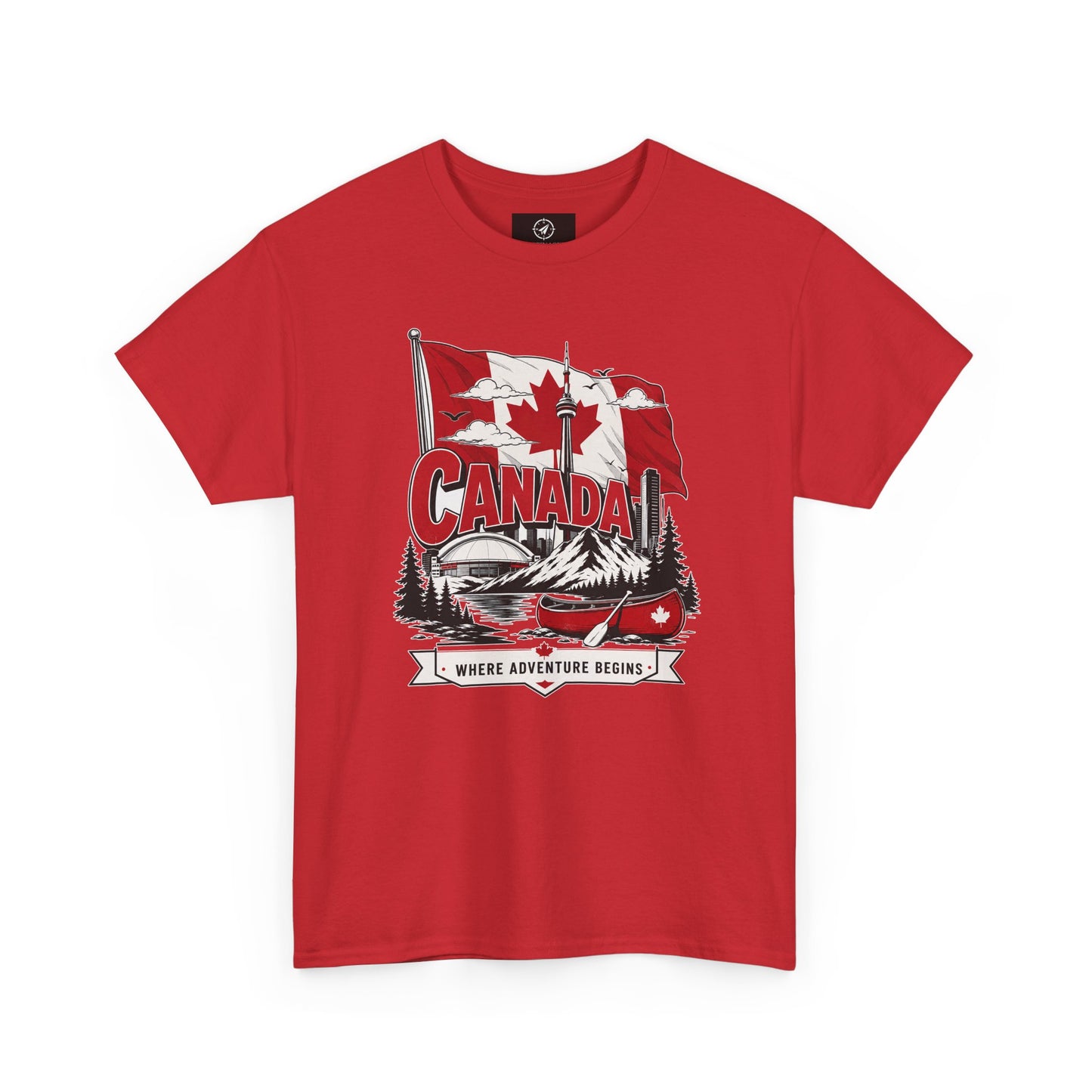 Red crew-neck t-shirt with Canada flag and logo graphic on the chest