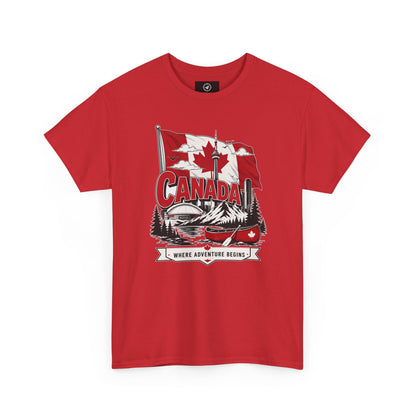 Red crew-neck t-shirt with Canada flag and logo graphic on the chest