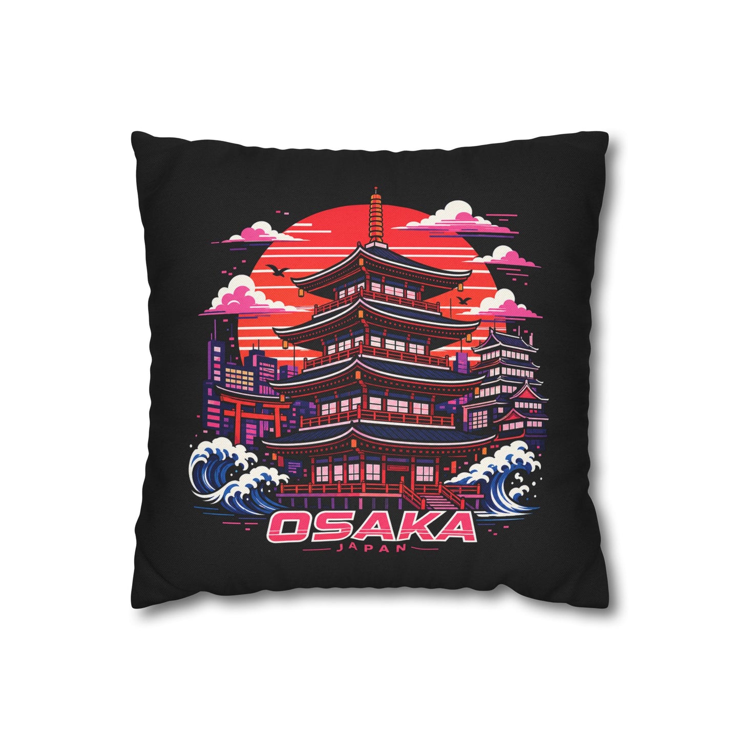 Black decor pillowcase with Osaka temple graphic and red sun, pink clouds, blue waves