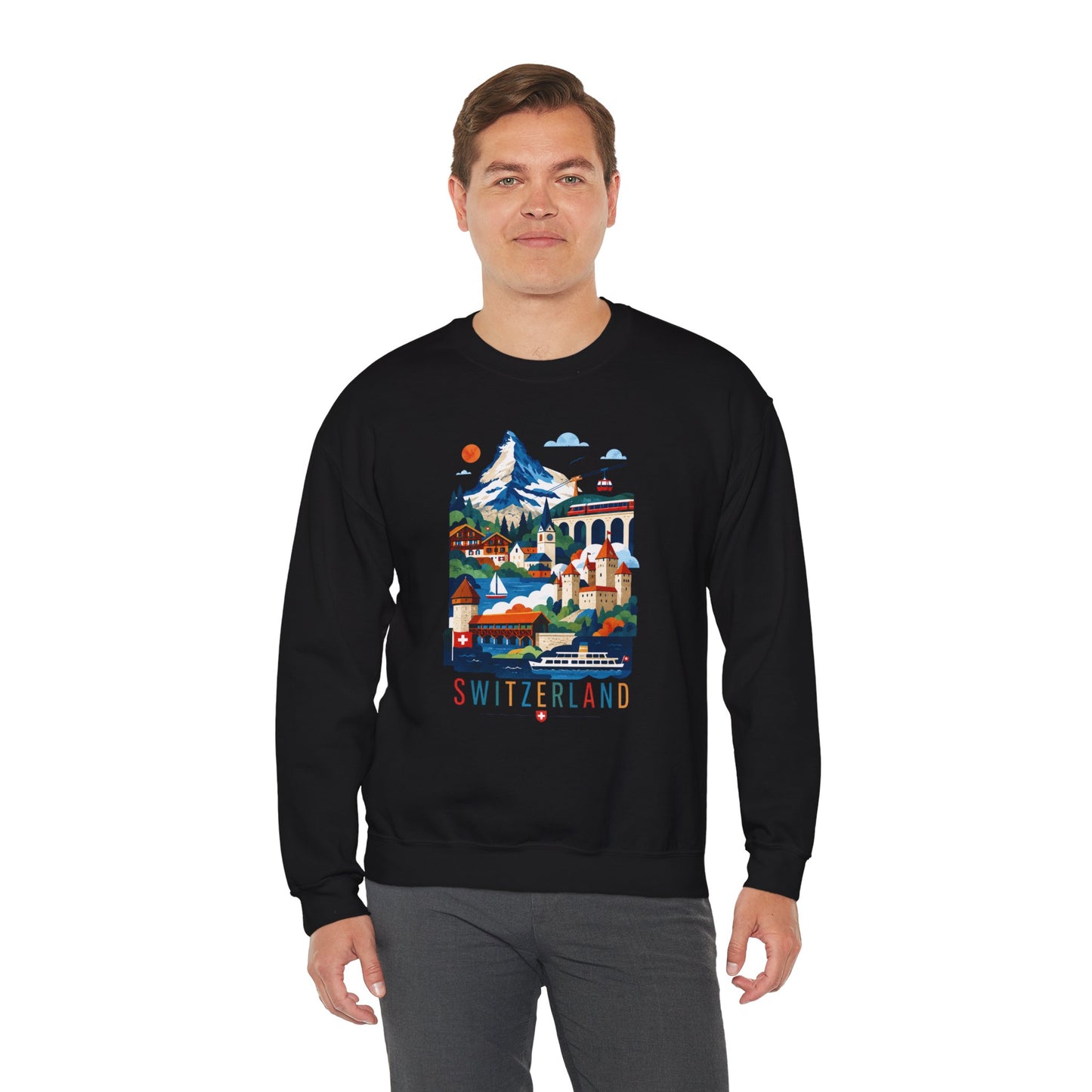 Black crewneck sweatshirt with colorful Switzerland alpine village graphic on front