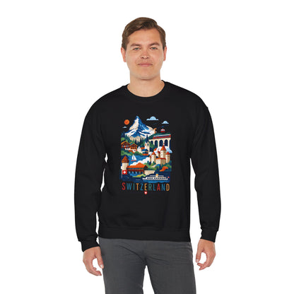 Black crewneck sweatshirt with colorful Switzerland alpine village graphic on front