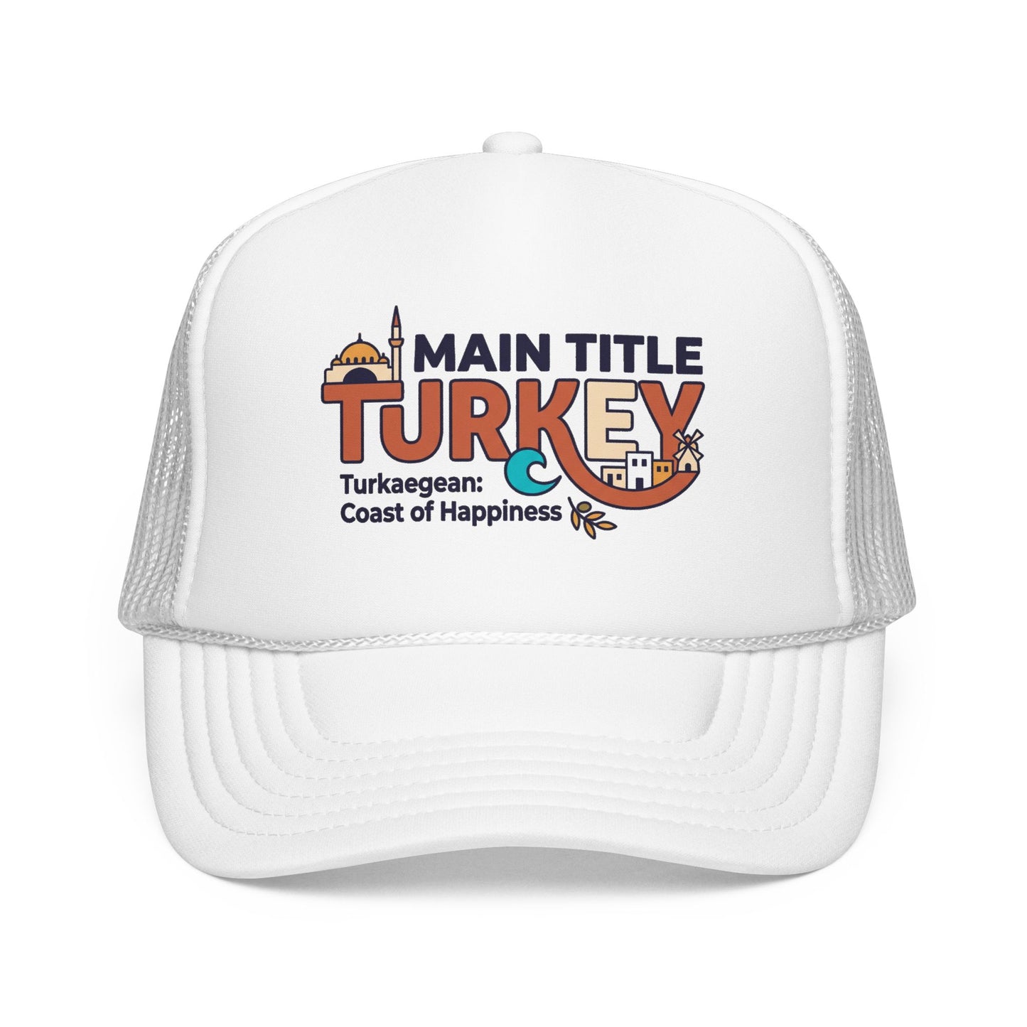 White foam trucker hat with white mesh sides and front Turkey logo.