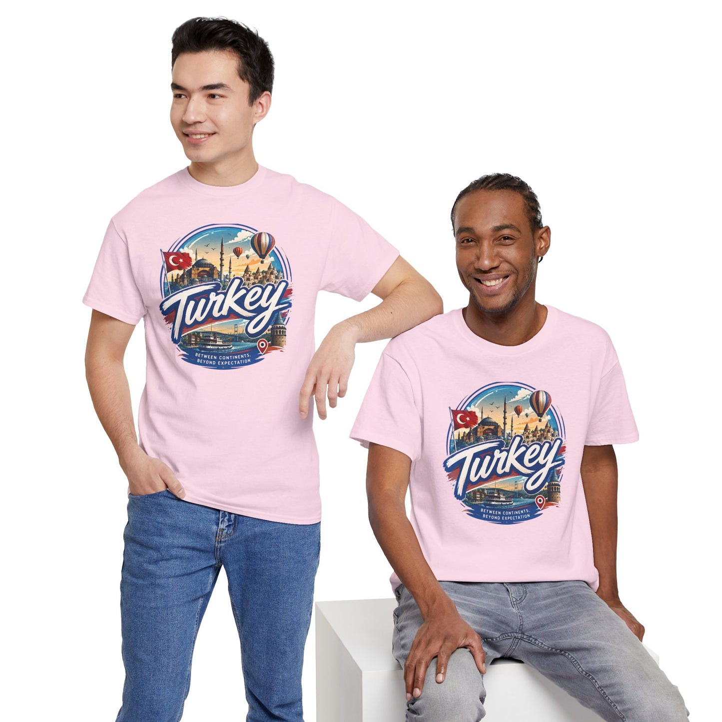 Light pink crewneck T-shirt with Turkey emblem print, worn by male models