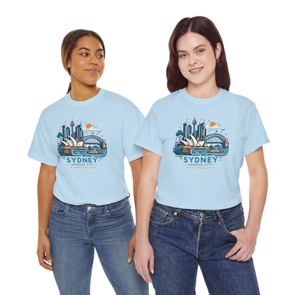 Two light blue short-sleeve t-shirts with Sydney cityscape graphic on the chest