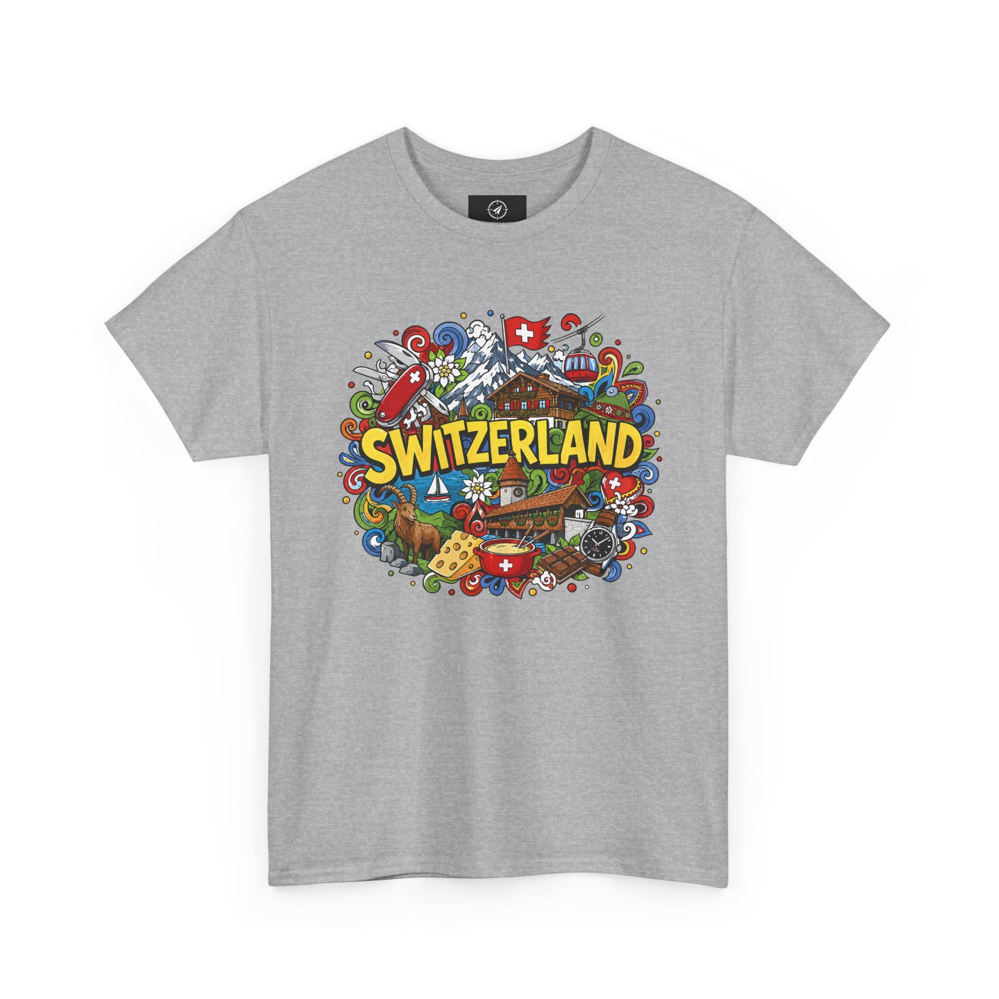 Heather gray Switzerland travel T-shirt with colorful Switzerland badge graphic on chest