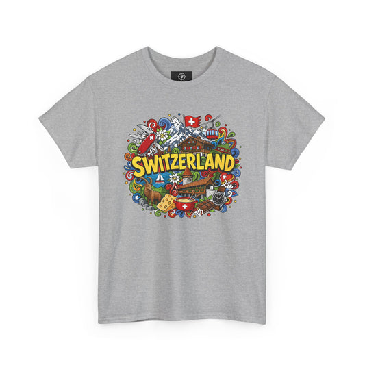 Heather gray Switzerland travel T-shirt with colorful Switzerland badge graphic on chest