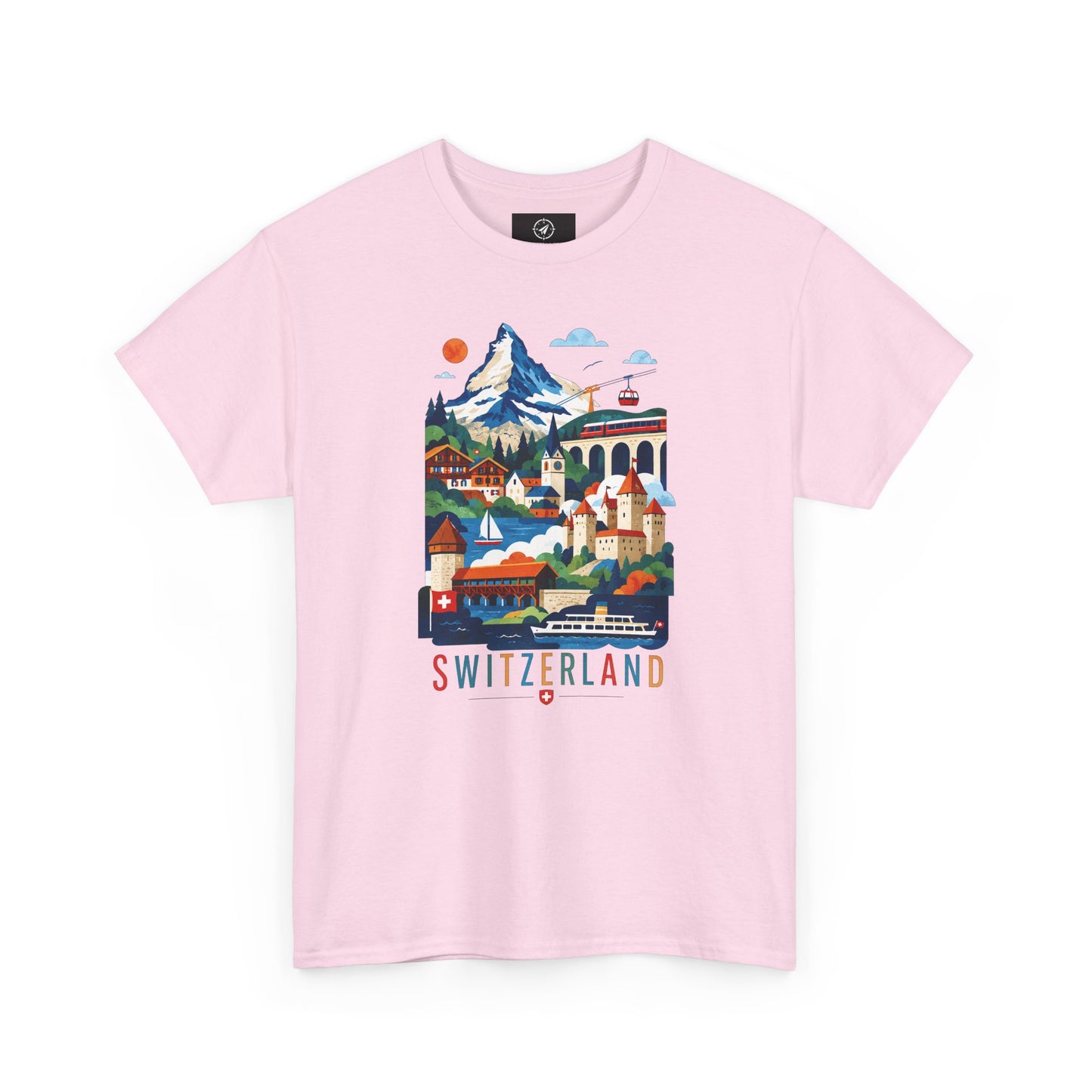 Light pink short-sleeve T-shirt with colorful Switzerland village graphic on front