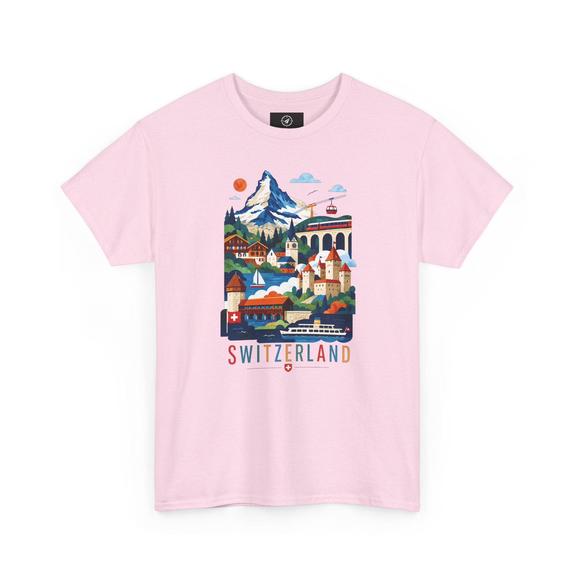 Light pink short-sleeve T-shirt with colorful Switzerland village graphic on front