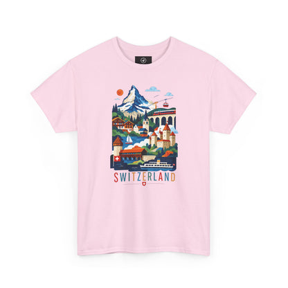 Light pink short-sleeve T-shirt with colorful Switzerland village graphic on front