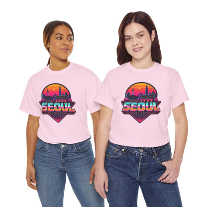 Light pink t-shirt with front Seoul South Korea city graphic, crew neck