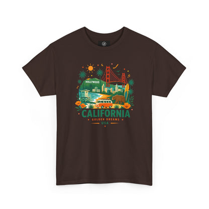 Dark brown short-sleeve crewneck T-shirt with colorful California graphic print