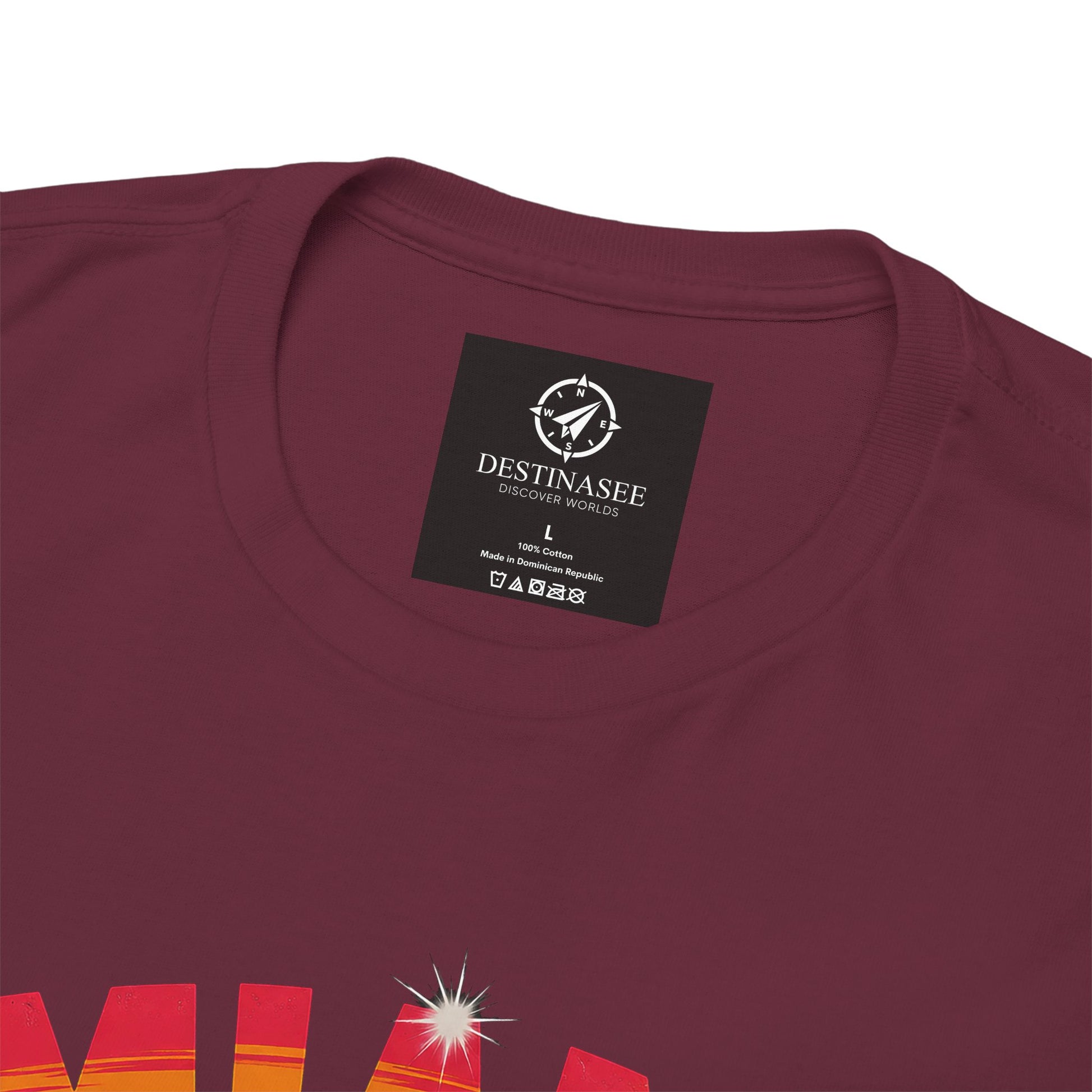 Maroon crewneck T-shirt with neckline label and partial colorful star graphic
