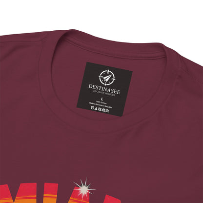 Maroon crewneck T-shirt with neckline label and partial colorful star graphic