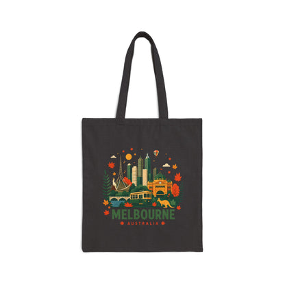 Black canvas tote bag with Melbourne city graphic and Australia text.