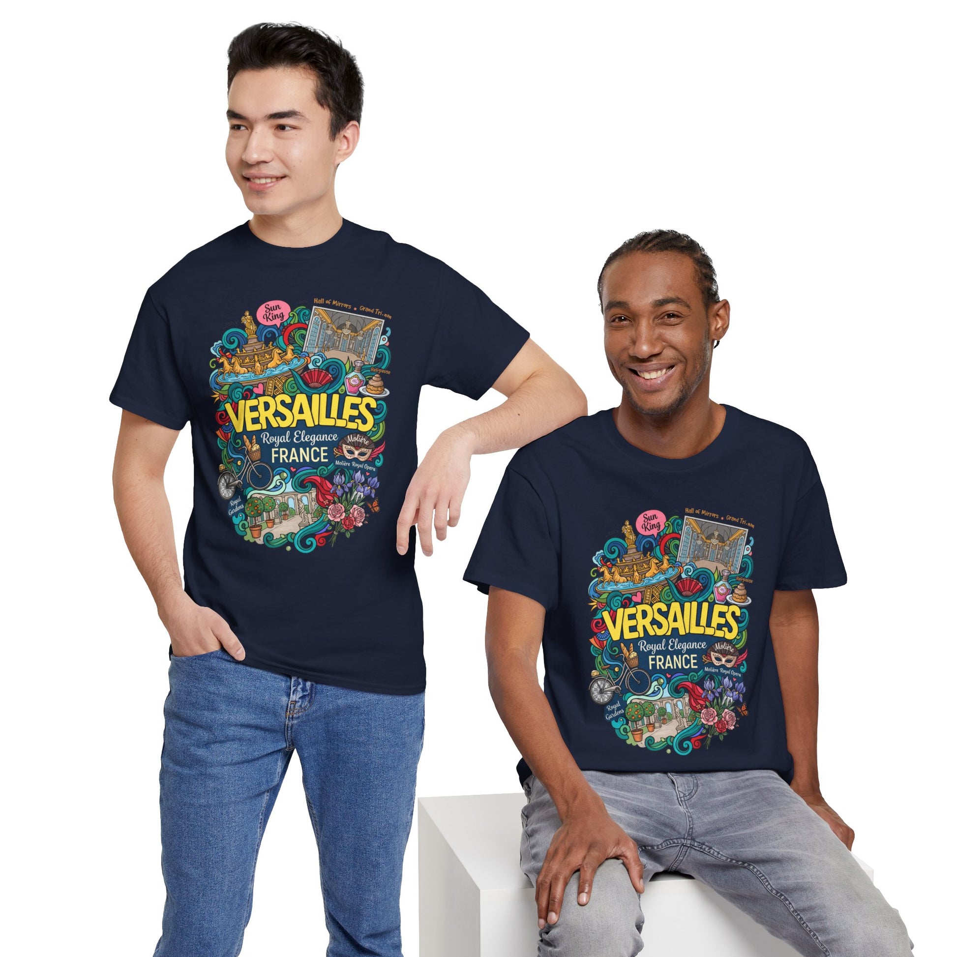 Navy short-sleeve T-shirt with colorful “Versailles France” front graphic on two people.