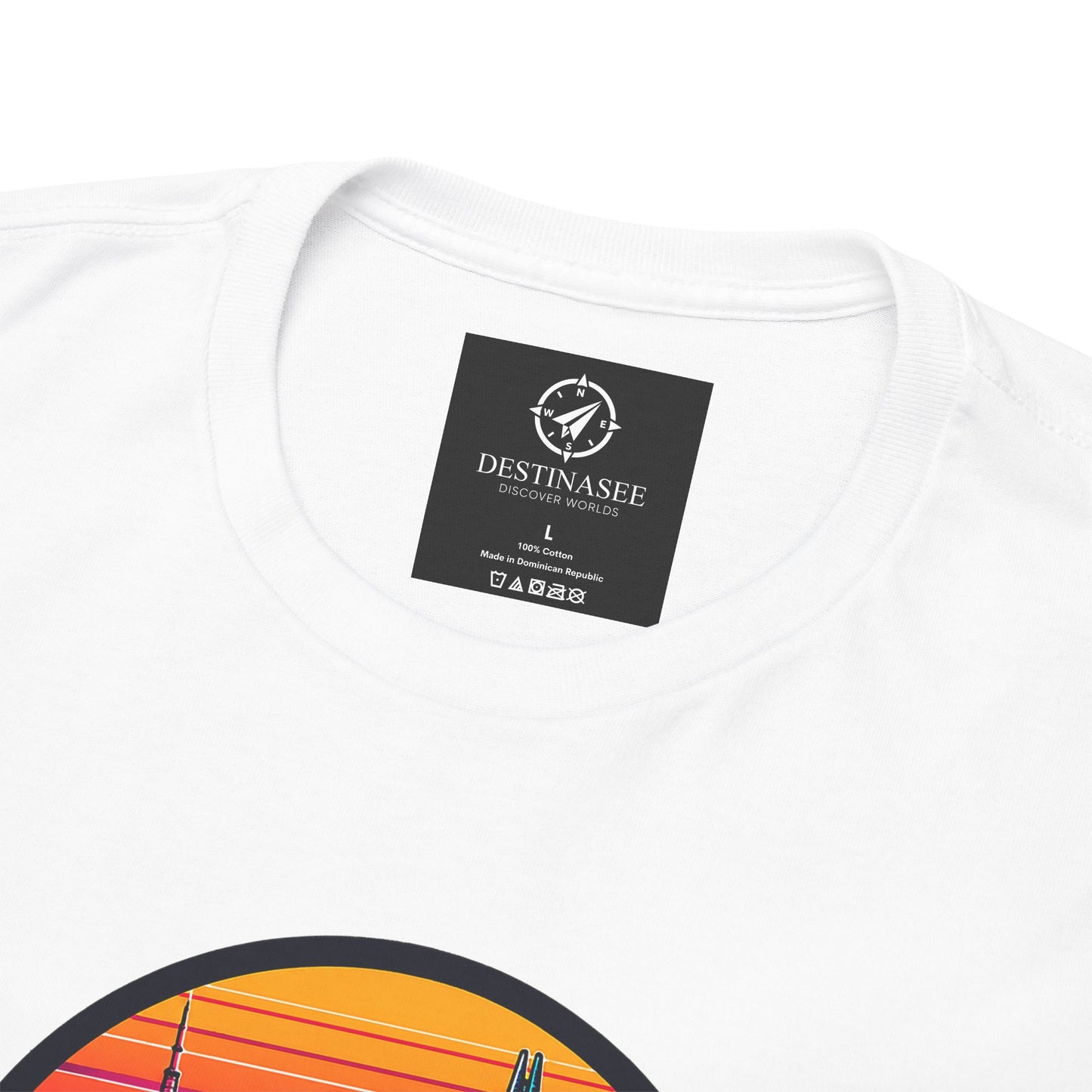 White T-shirt with crew neck and small back neck label, plus partial circular graphic