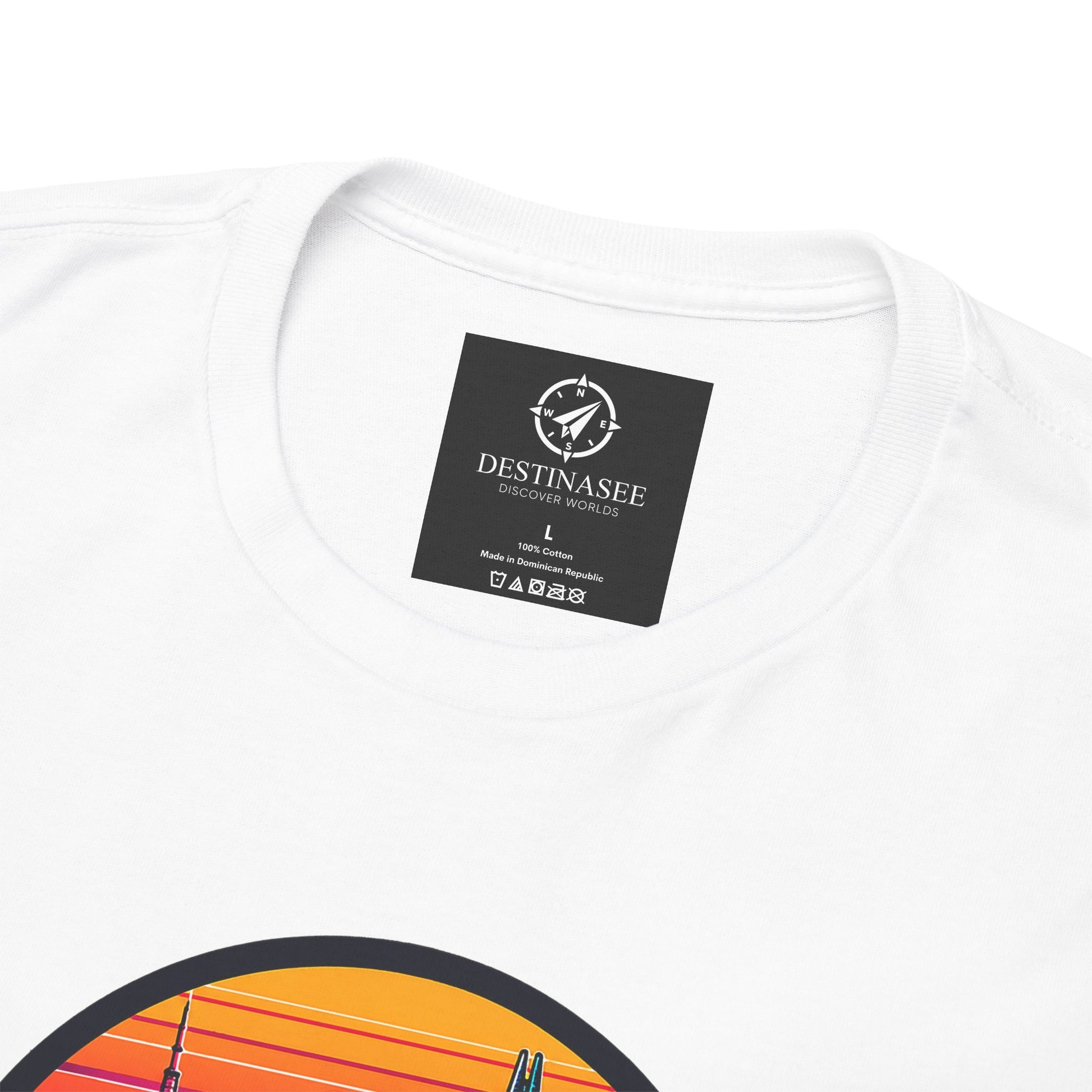White T-shirt with crew neck and small back neck label, plus partial circular graphic