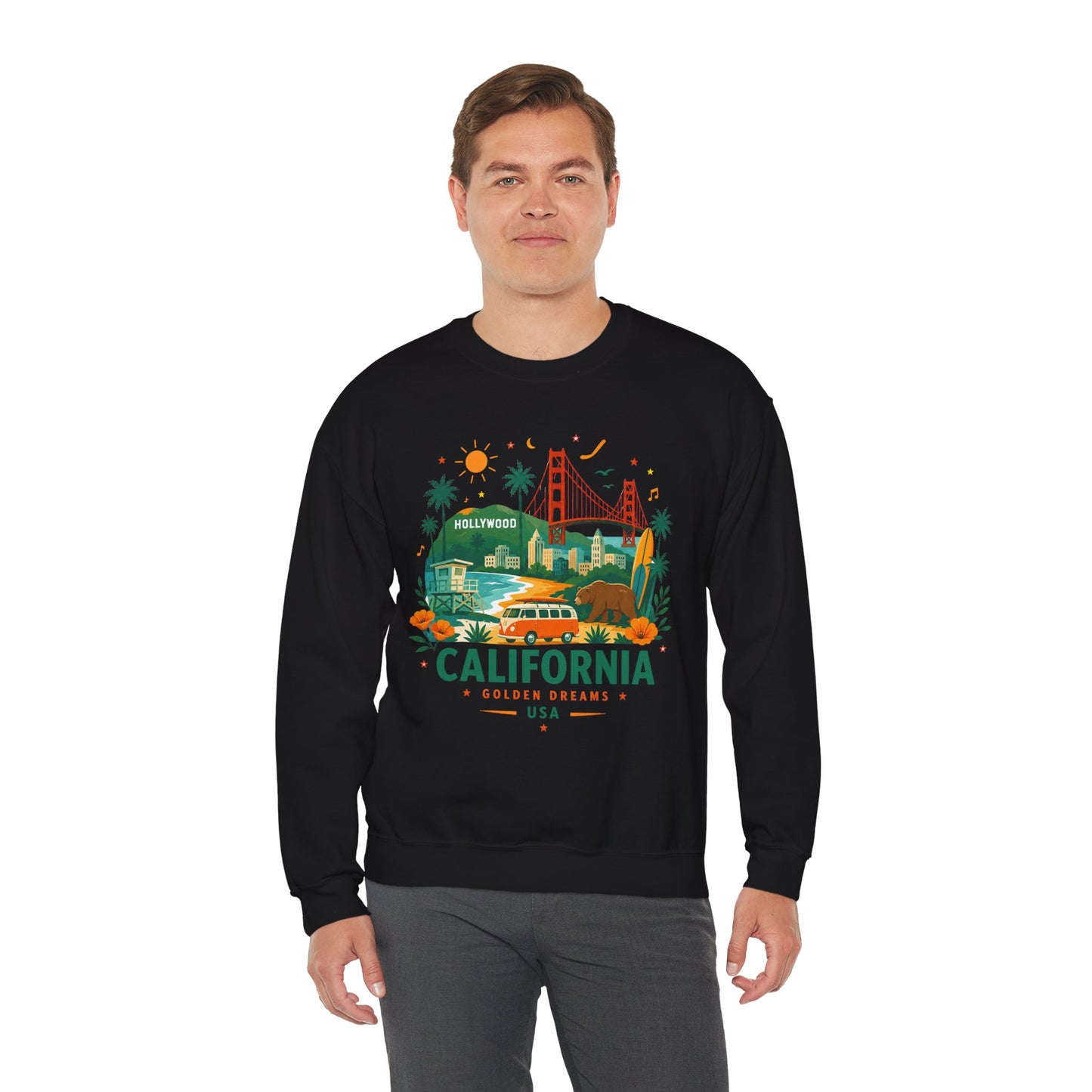 Black crewneck sweatshirt with colorful California graphic on the front.