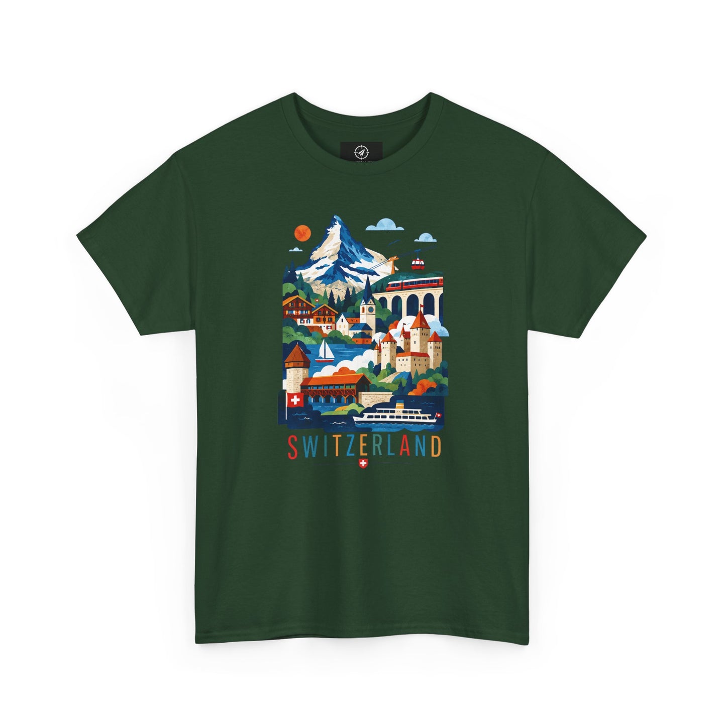 Dark green short-sleeve T-shirt with colorful Switzerland village graphic on front