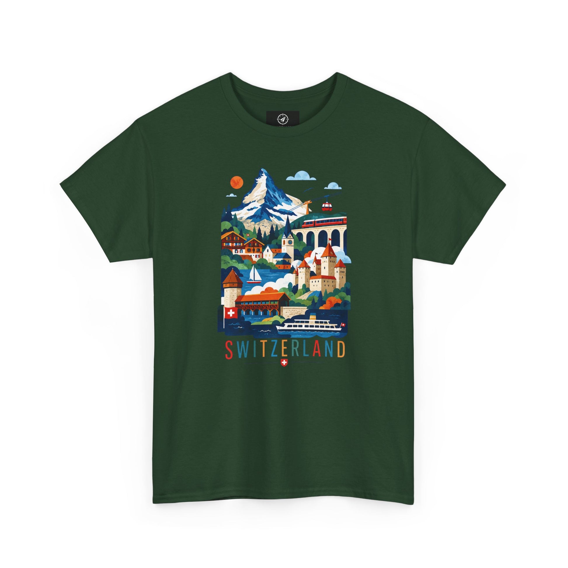 Dark green short-sleeve T-shirt with colorful Switzerland village graphic on front
