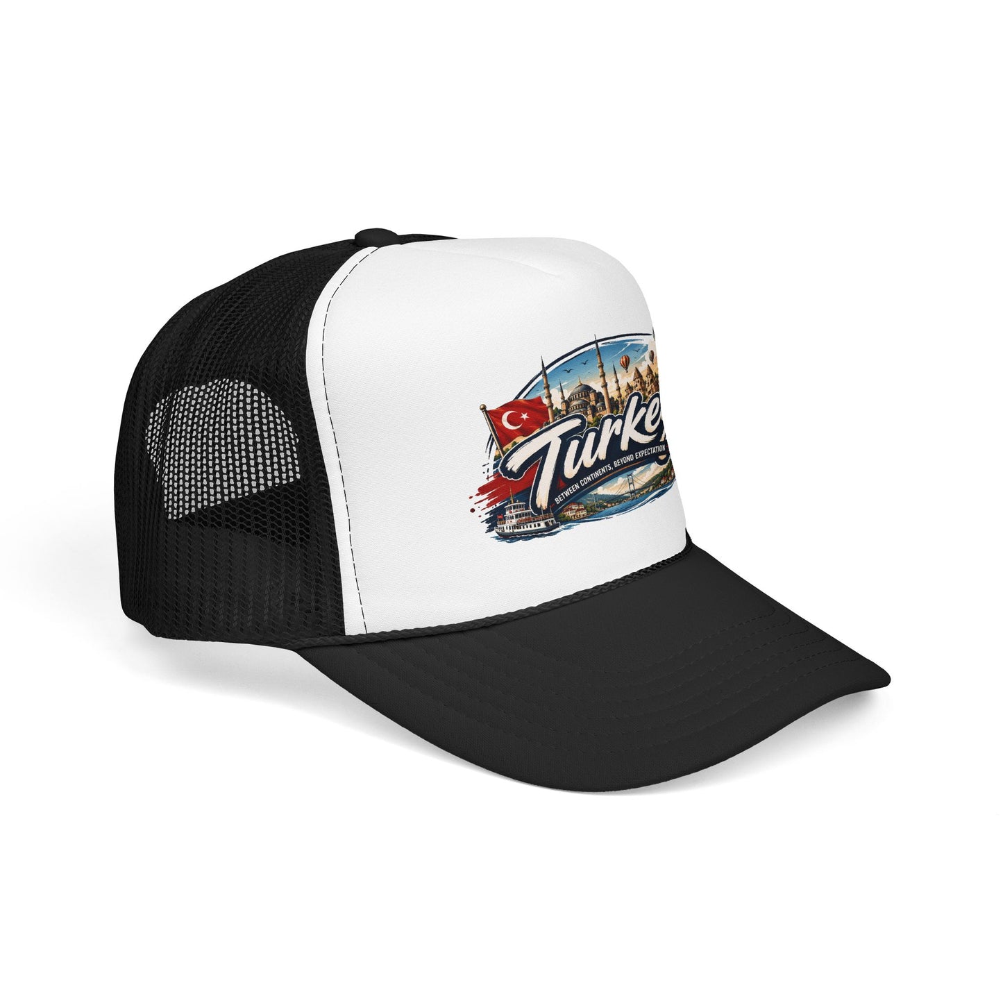 White-and-black trucker cap with mesh side panels and front Turkey graphic patch