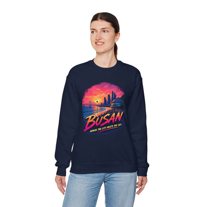 Navy crewneck sweatshirt, front graphic of Busan sunset over sea and skyline