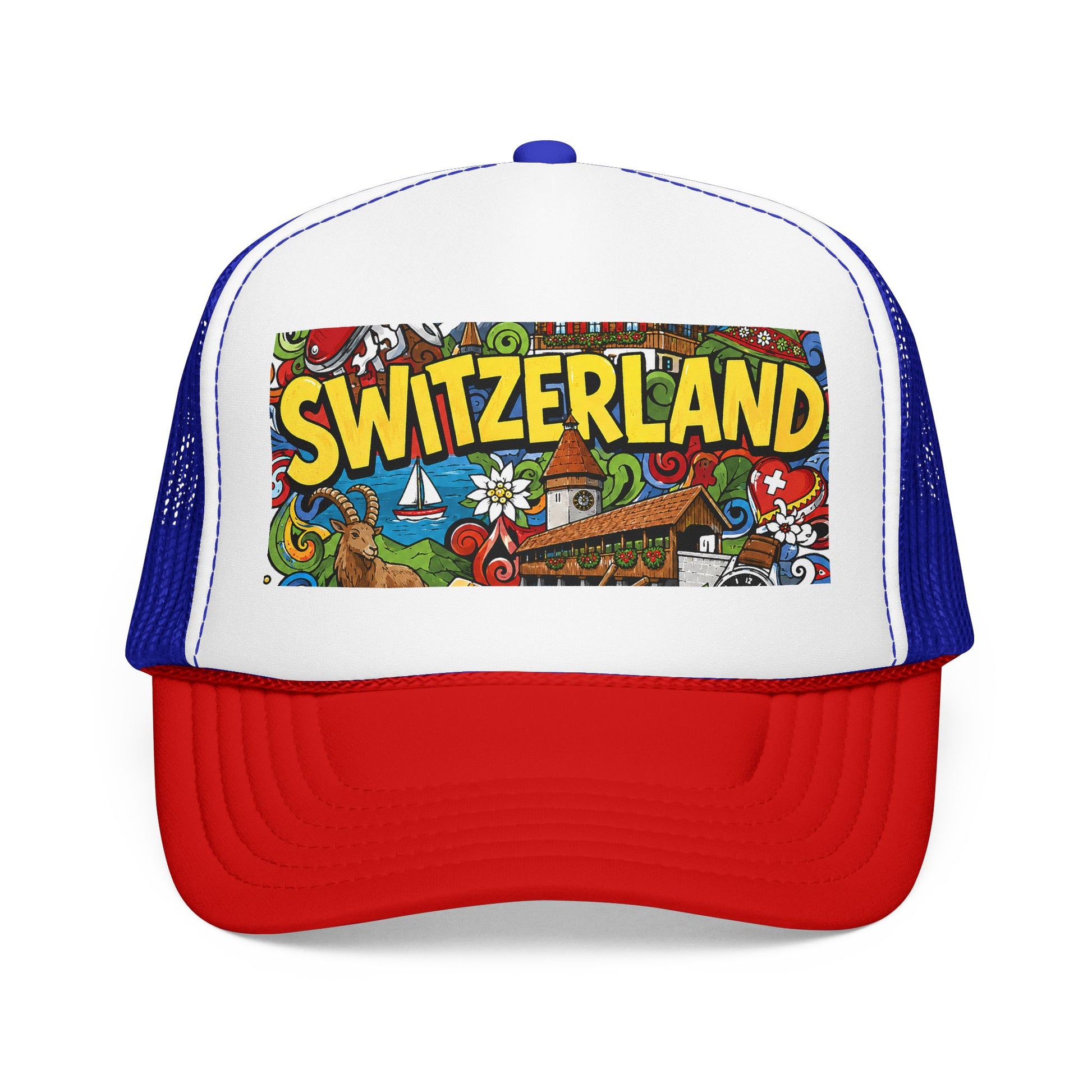 White-and-royal blue trucker hat with colorful “SWITZERLAND” doodle graphic front panel.