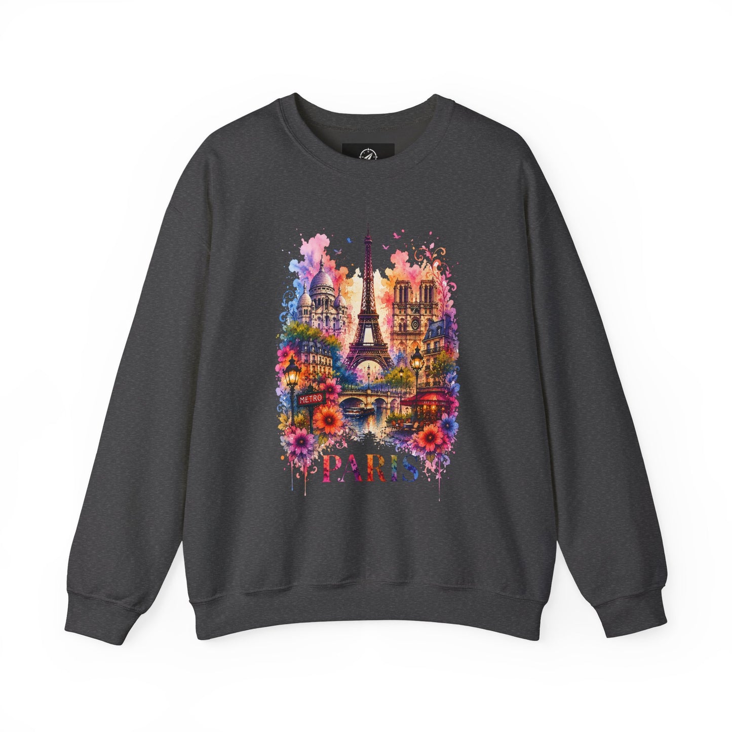 Charcoal gray sweatshirt with colorful Paris Eiffel Tower watercolor graphic on front
