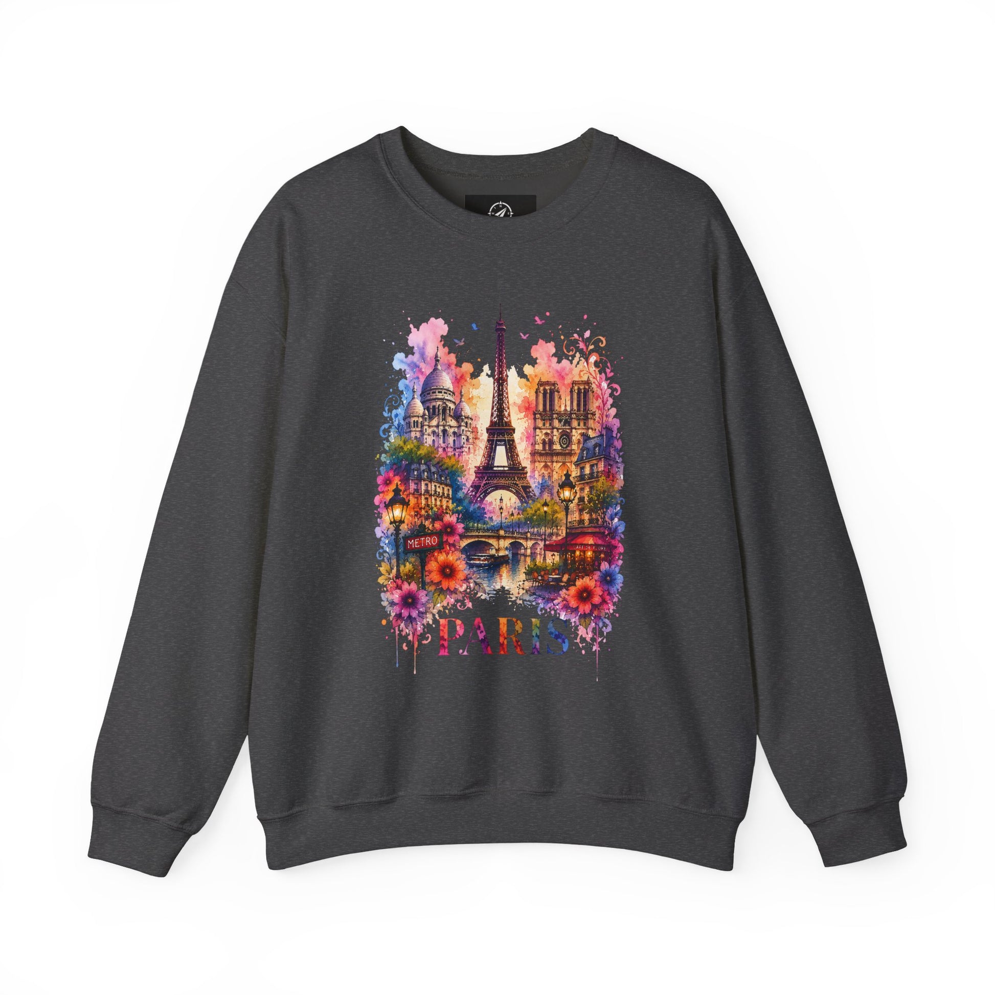 Charcoal gray sweatshirt with colorful Paris Eiffel Tower watercolor graphic on front