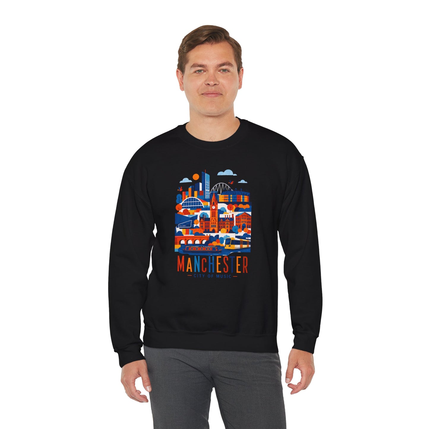 Black crewneck sweatshirt with colorful Manchester cityscape graphic on front