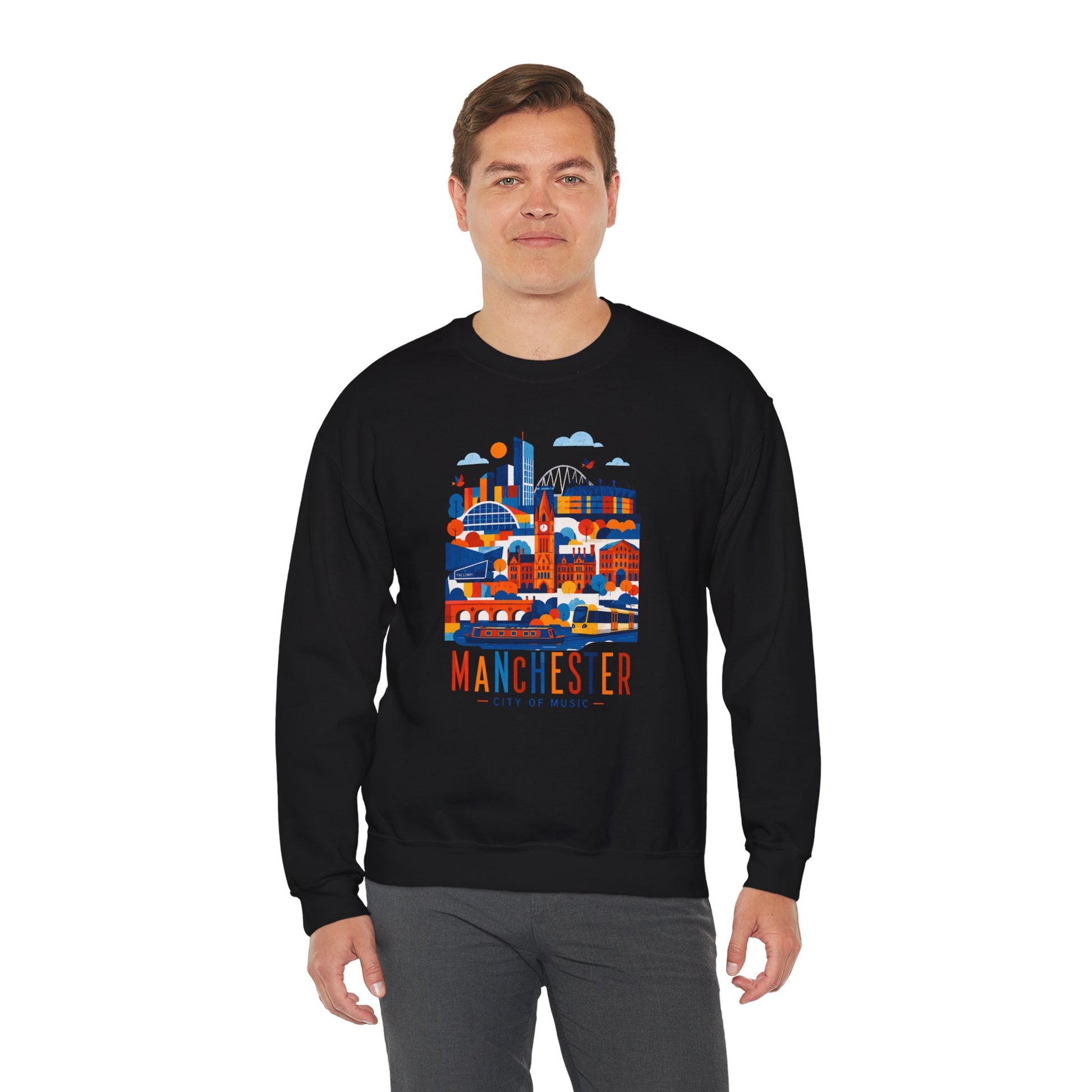 Black crewneck sweatshirt with colorful Manchester cityscape graphic on front