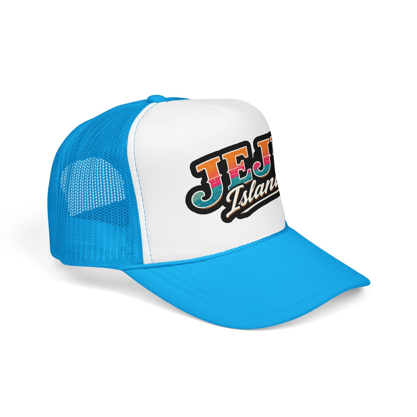 Blue and white foam trucker hat with “JEJU Island” logo patch, curved brim