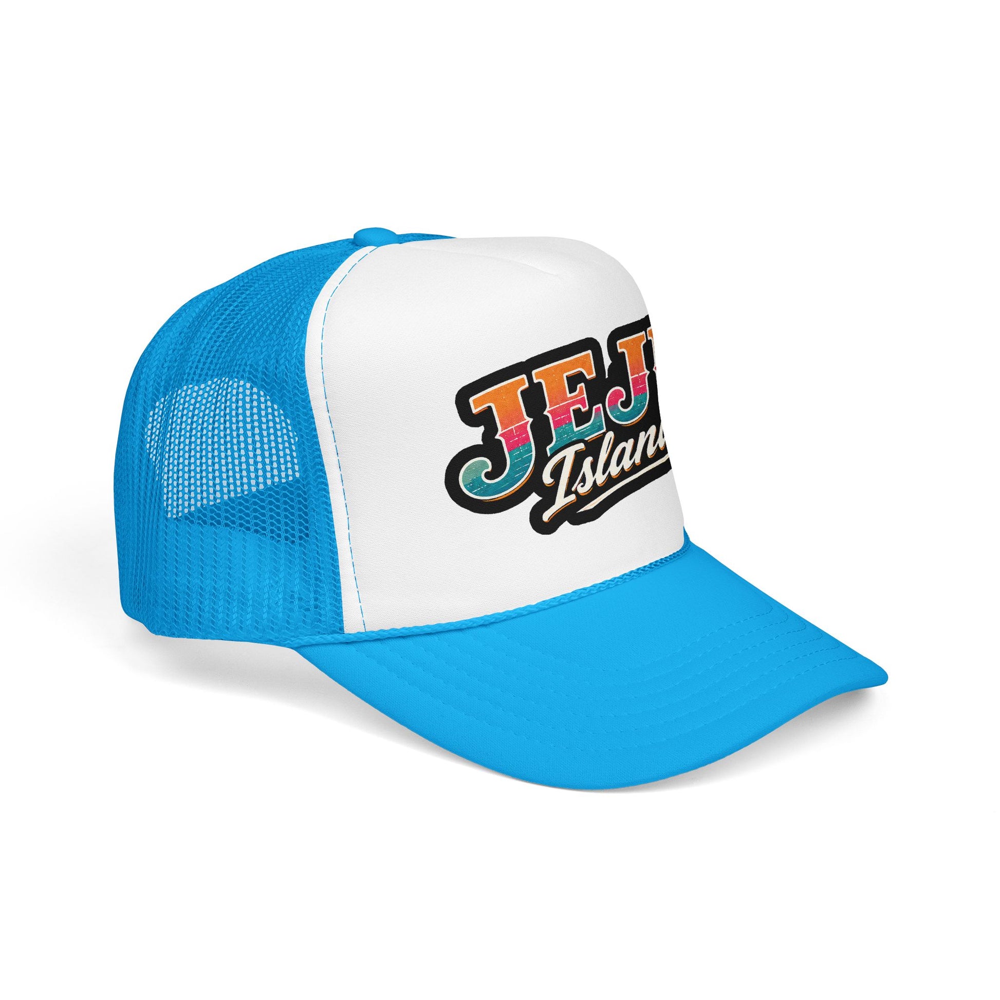 Blue and white foam trucker hat with “JEJU Island” logo patch, curved brim