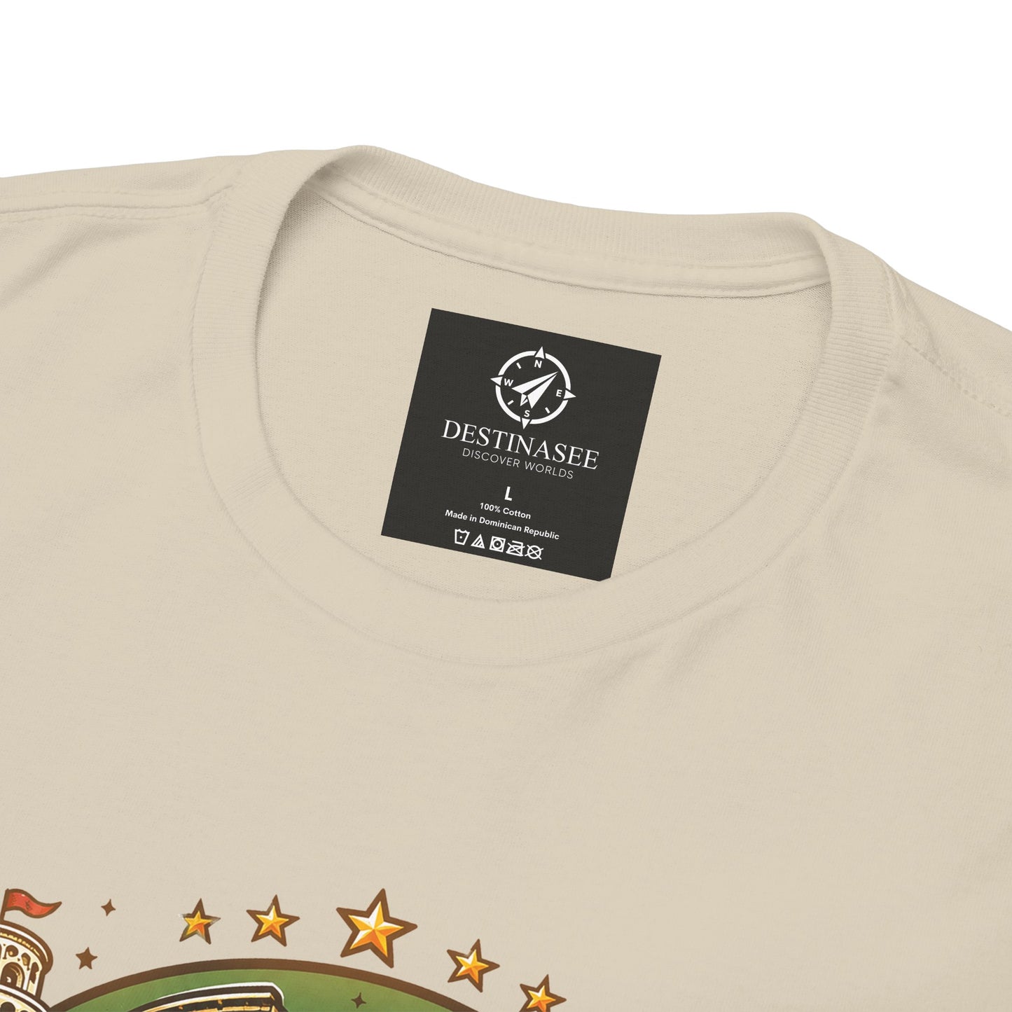 Natural beige short-sleeve T-shirt with black neck label and partial chest graphic