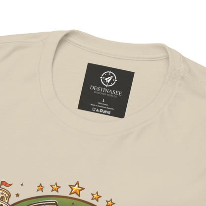Natural beige short-sleeve T-shirt with black neck label and partial chest graphic