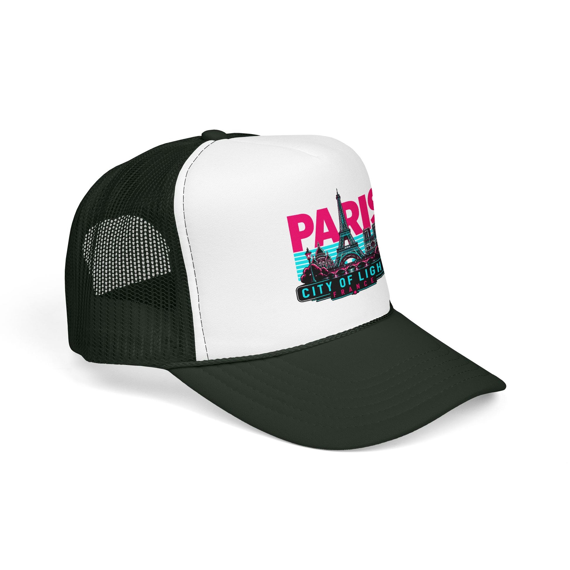 Black and white mesh trucker hat with “PARIS City of Lights” front graphic patch.