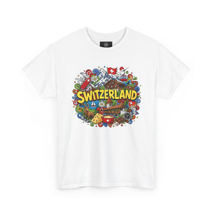 White Switzerland travel T-shirt with colorful Switzerland badge graphic on chest