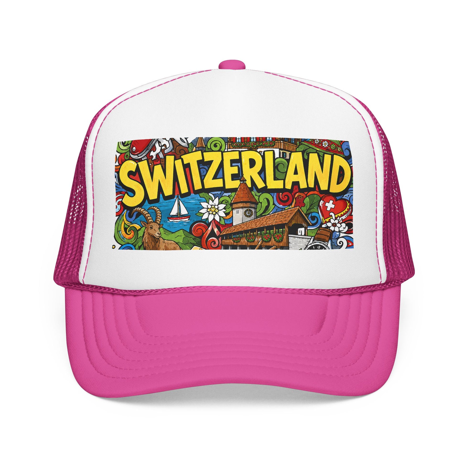 White-and-hot pink trucker hat with colorful “SWITZERLAND” doodle graphic front panel.