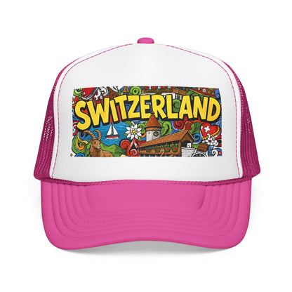 White-and-hot pink trucker hat with colorful “SWITZERLAND” doodle graphic front panel.