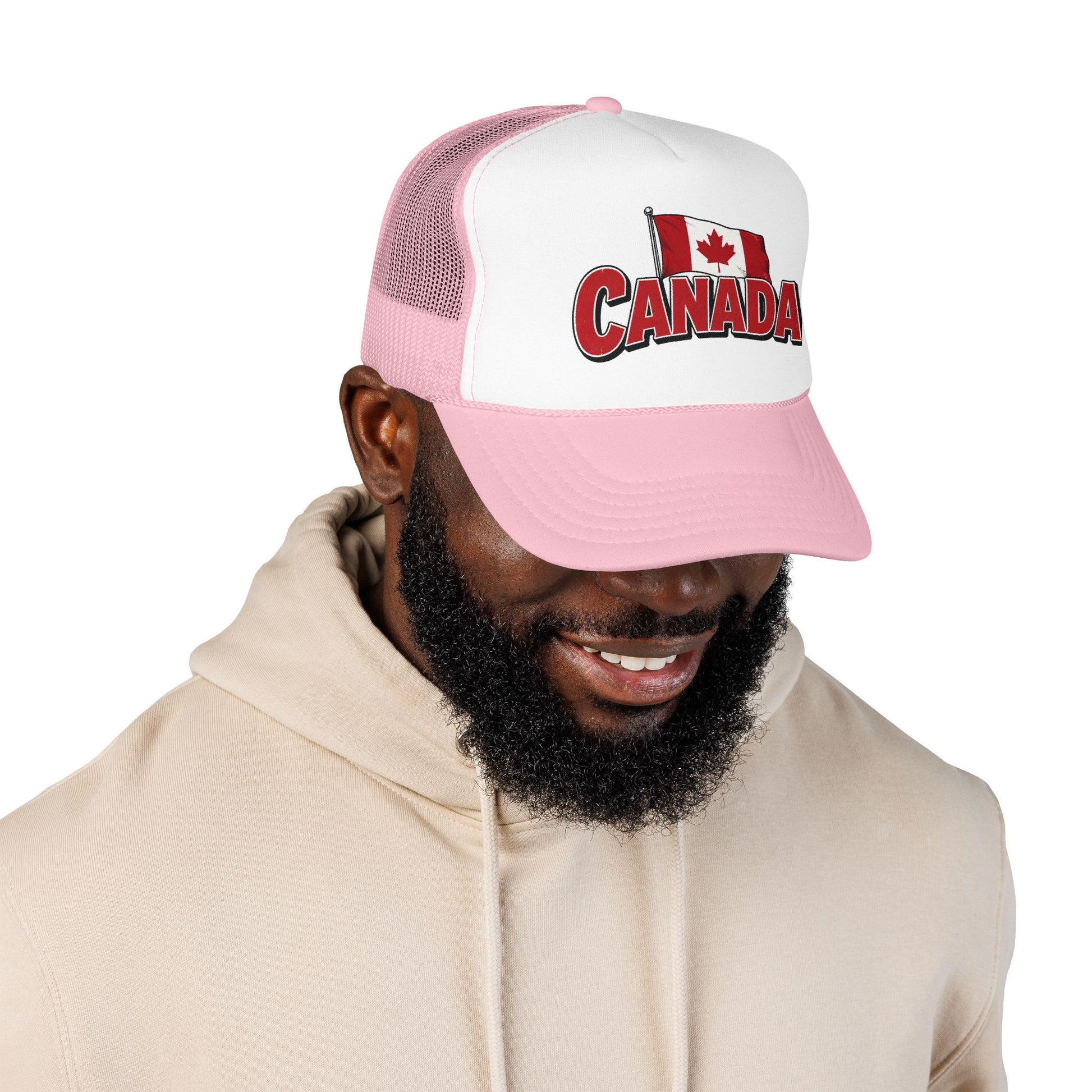 Light pink and white trucker hat on model, Canada flag logo patch